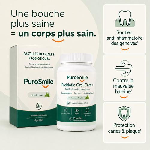 PuroSmile — Pastilles buccales probiotiques, boîte et flacon (fresh mint, 30 pastilles)